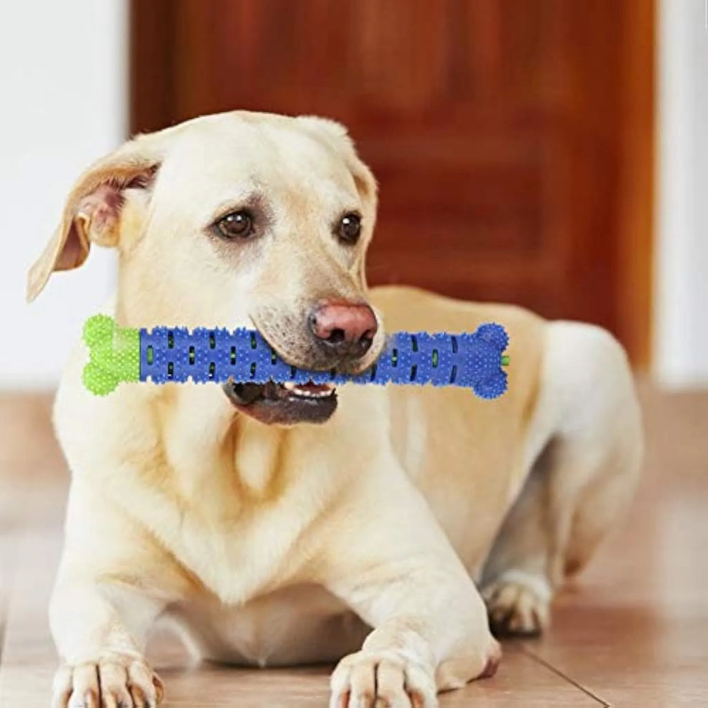 Blue dog dental cleaning stick with serrated brush head and gum massage nodules