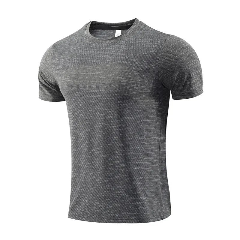 Men's short-sleeved athletic t-shirt for running and basketball in a polyester spandex fabric.