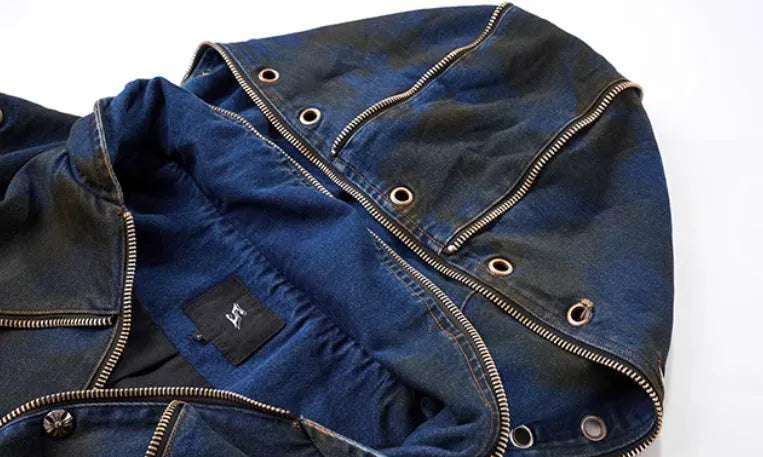 Korean style blue hooded denim vest coat and trousers set with heavy industry deconstructs design