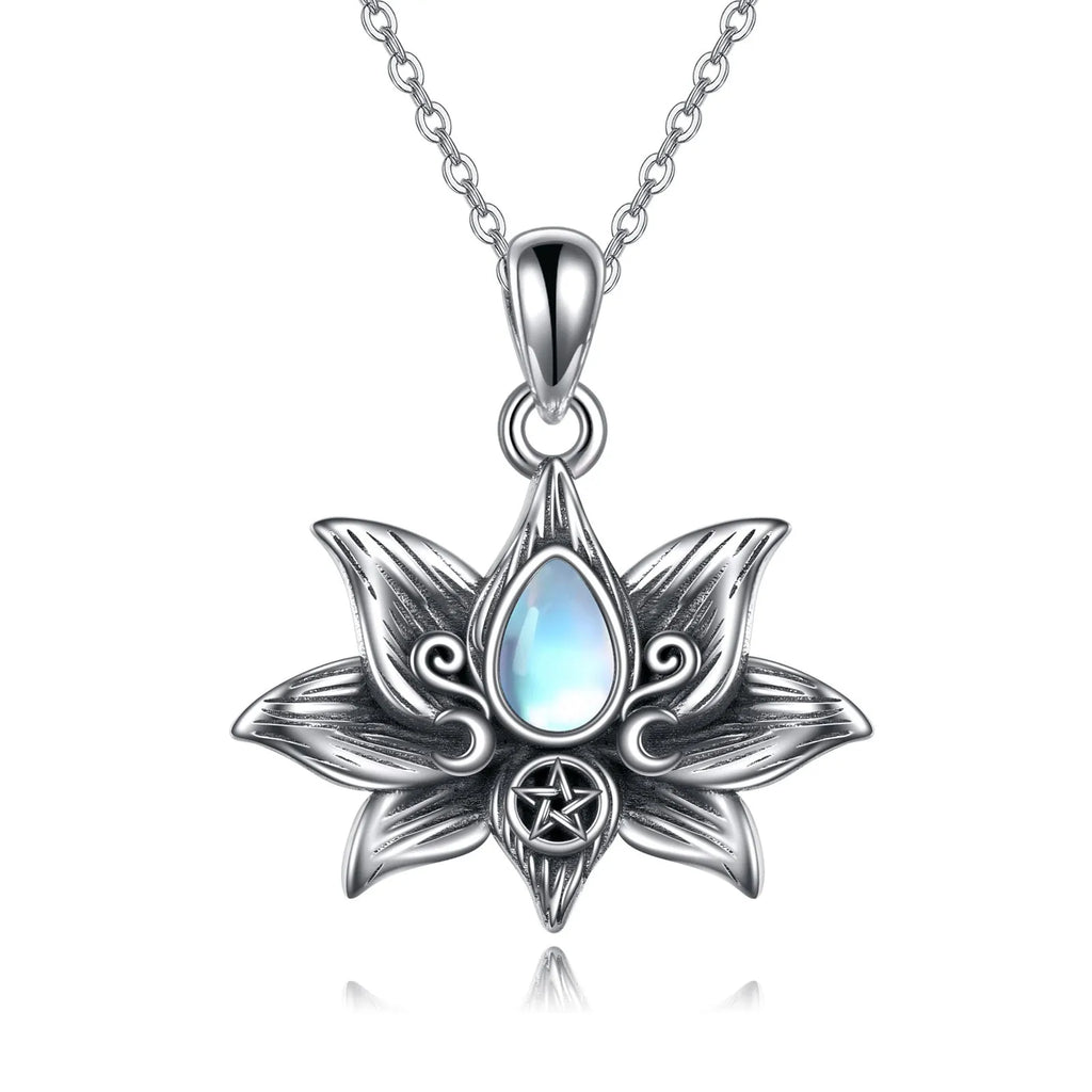 Sterling silver moonstone lotus flower pendant necklace on a calendered O-chain with retro silver finish