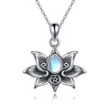 Sterling silver moonstone lotus flower pendant necklace on a calendered O-chain with retro silver finish