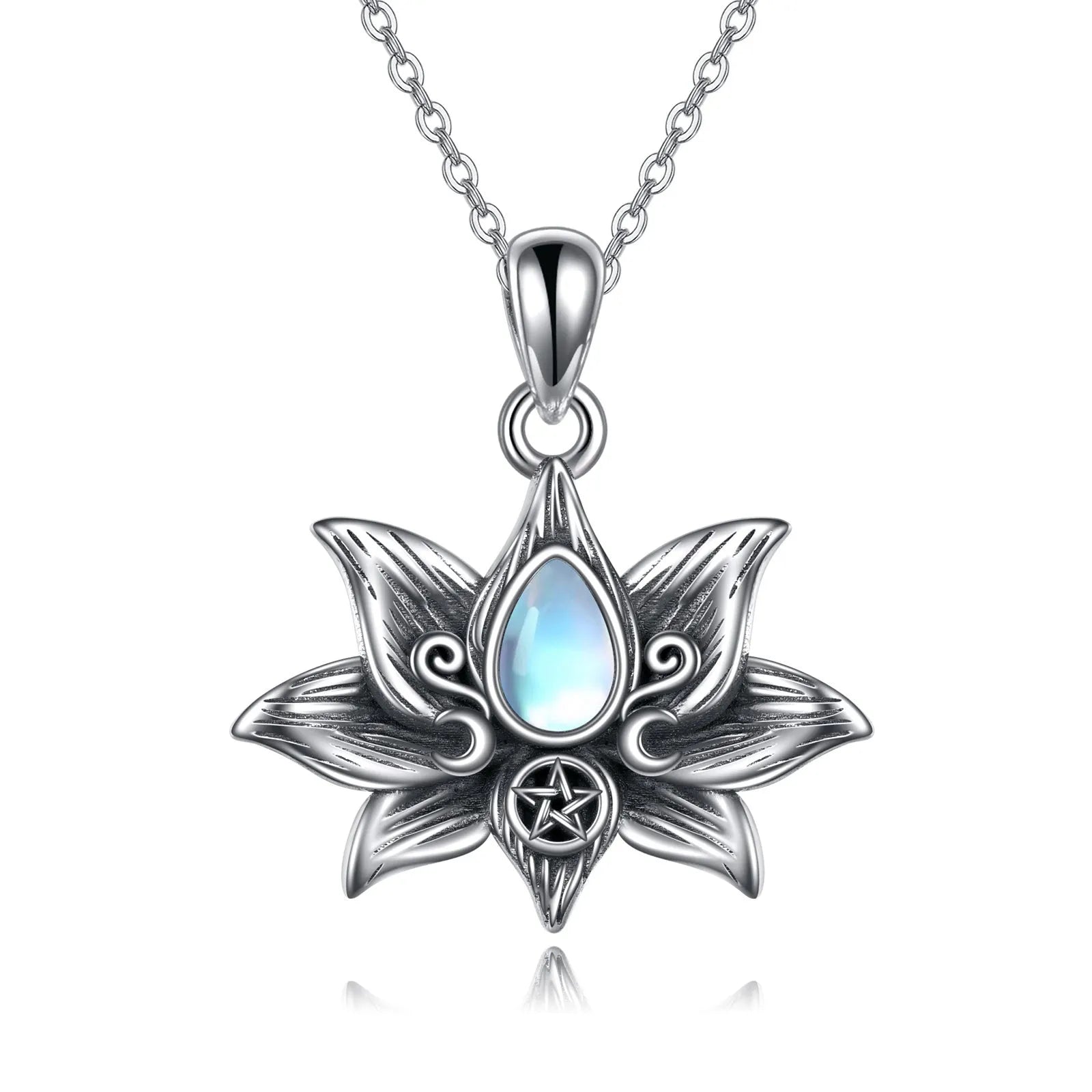 Sterling silver moonstone lotus flower pendant necklace on a calendered O-chain with retro silver finish
