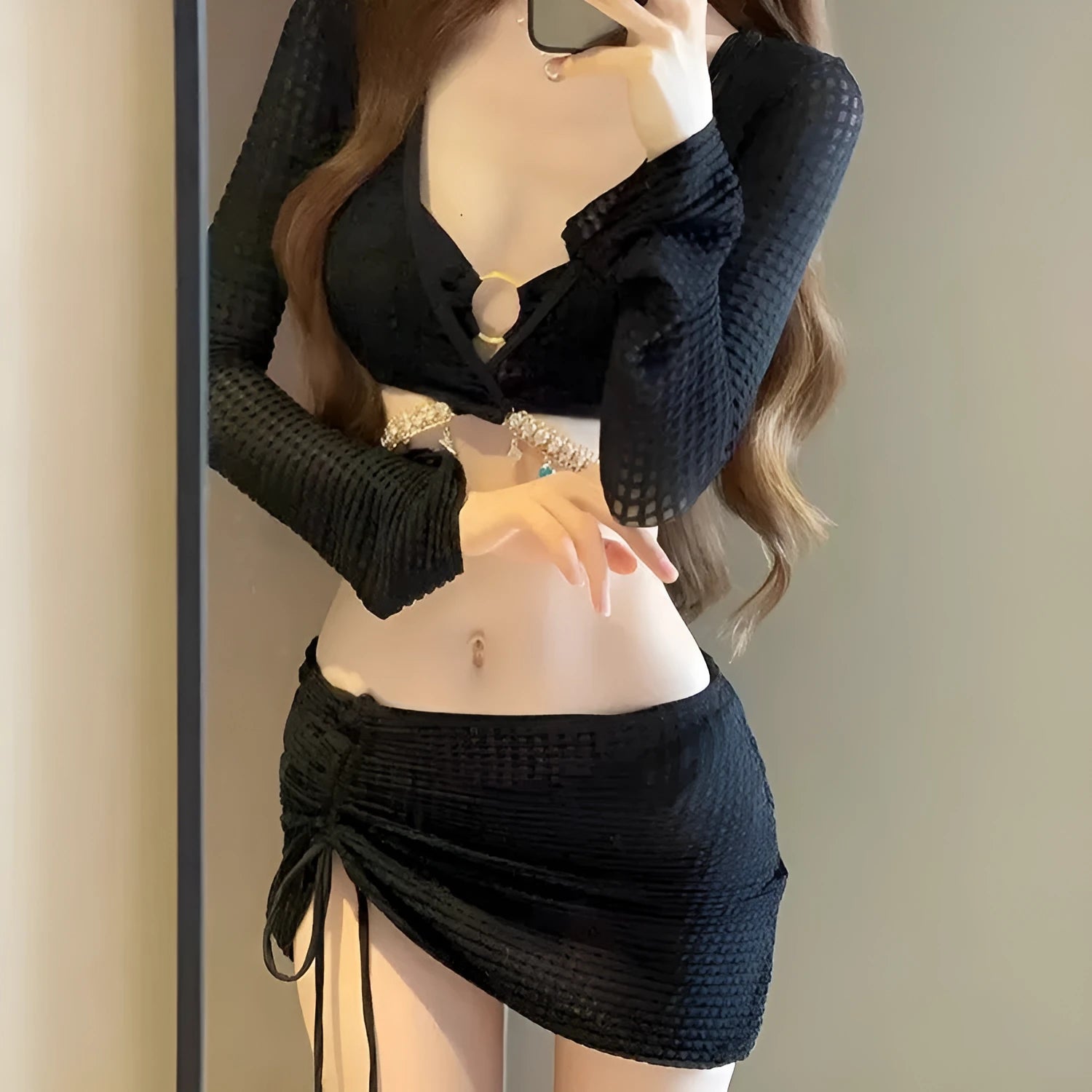 Women's long sleeve bikini swimsuit set in black or white polyester for swimming