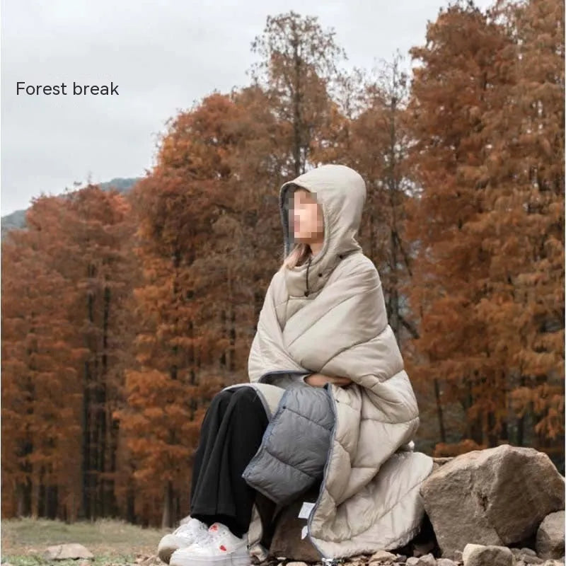 Army Green wearable cloak sleeping bag for adults laid flat, showing 200x140cm size and cape design.