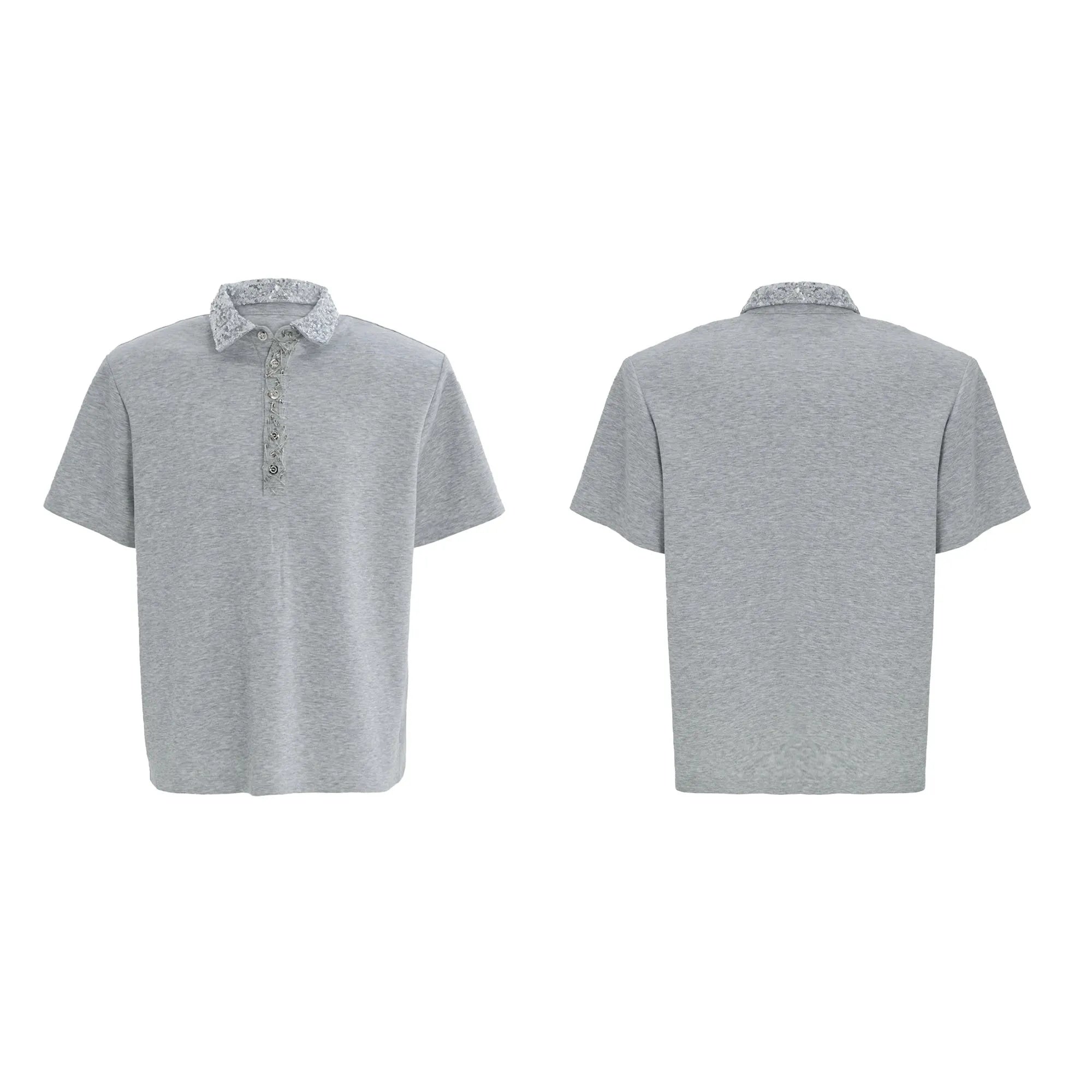 Men's black loose fit polo shirt with square collar and embroidered sequins detail on the front.