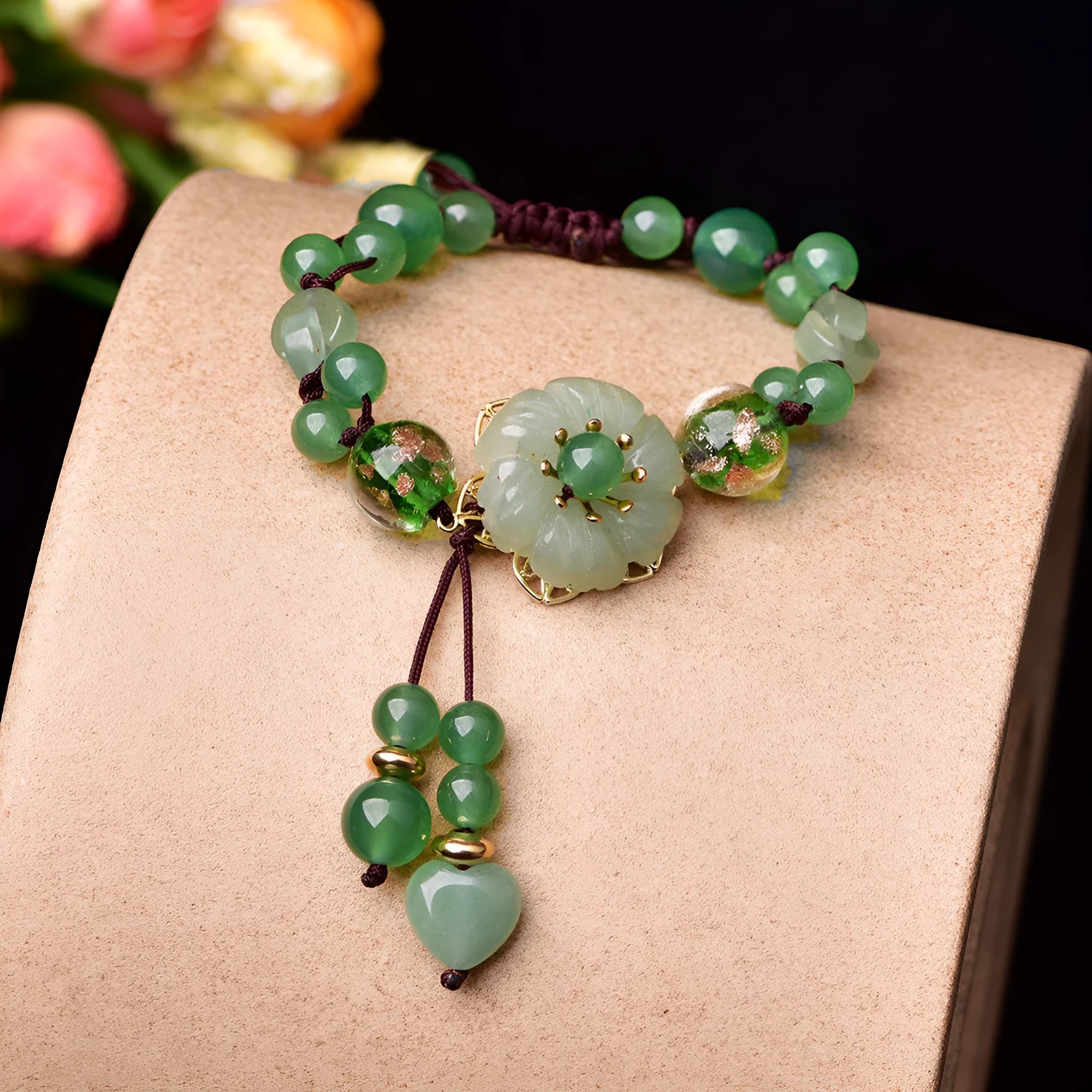 Hand-woven Chinese style bracelet with auspicious patterns and flower design in mixed materials