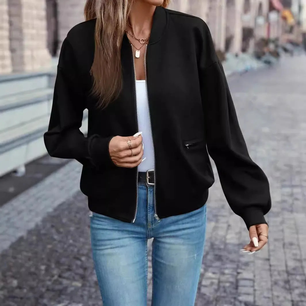Black women's zip jacket with faux pockets and long sleeves showing front view