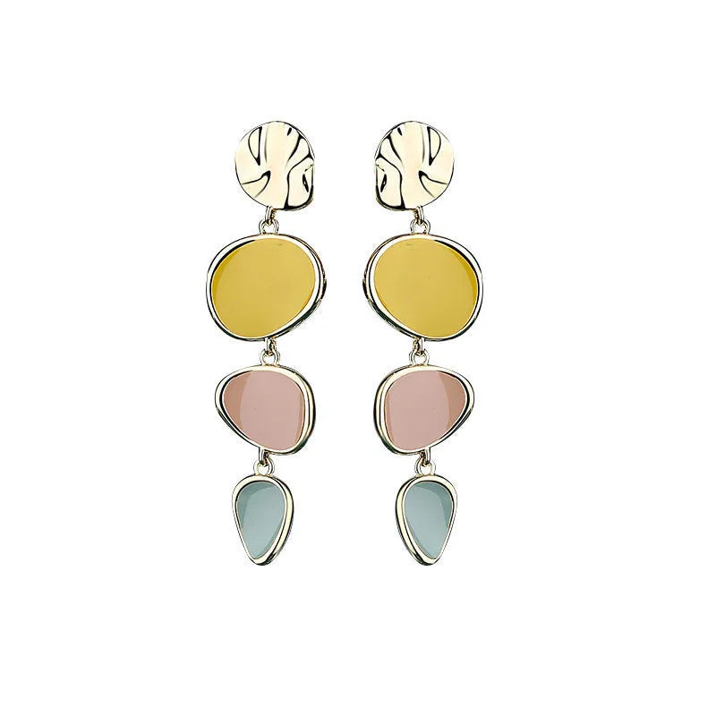 Morandi three-colour dripping oil finish alloy disc earrings on a sterling silver post.