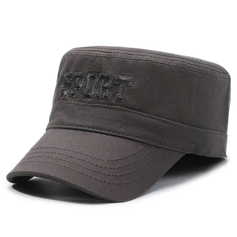 Men's adjustable cotton flat-top peaked cap in army green with dome crown and letter detail.