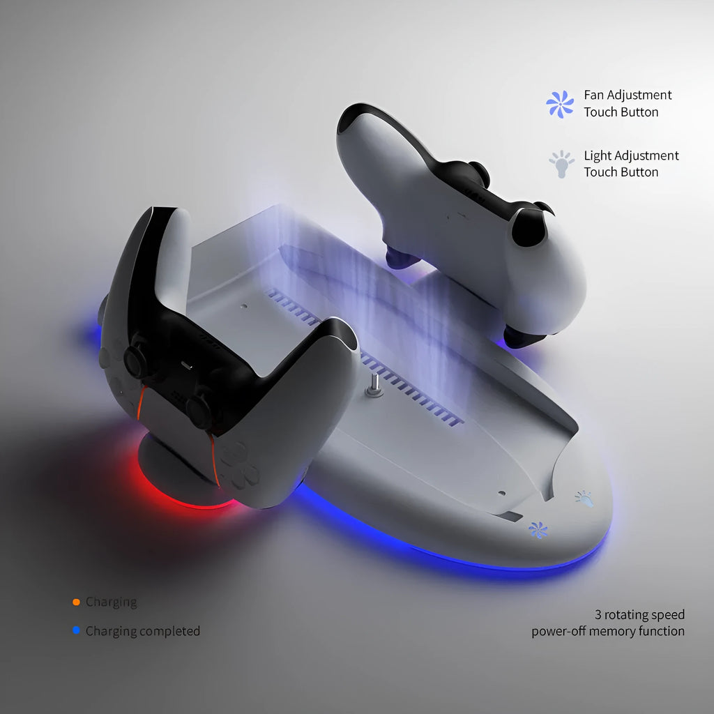 White PS5 Slim multifunctional charging base with cooler fan, RGB lights, and charging belt.