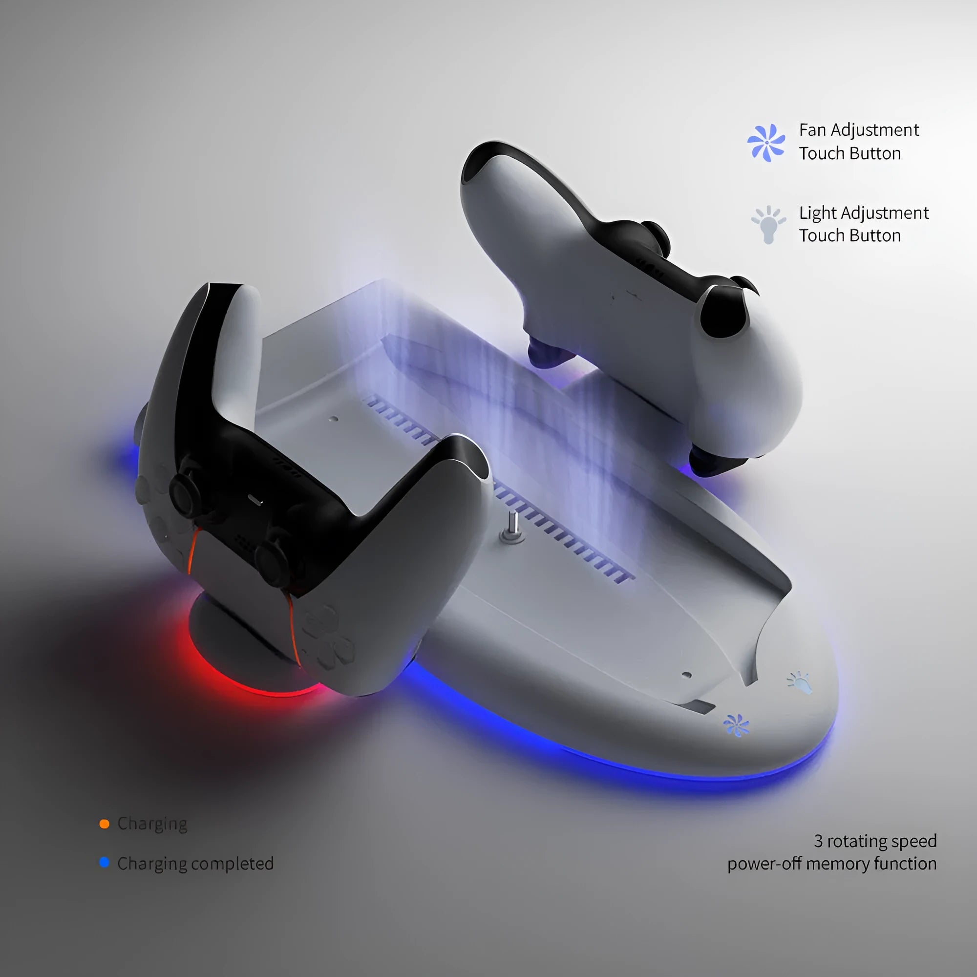White PS5 Slim multifunctional charging base with cooler fan, RGB lights, and charging belt.