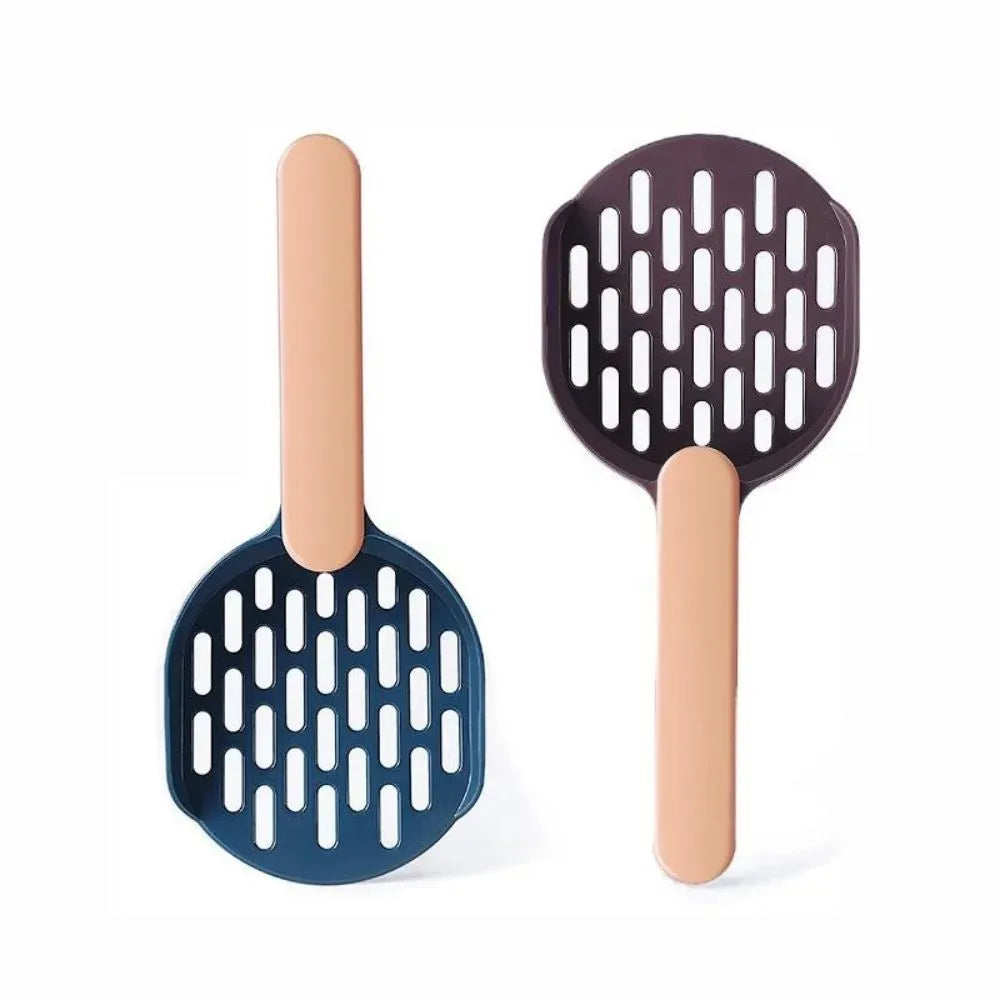 Blue plastic cat litter shovel on a white background showing its size and scoop shape.