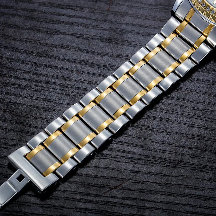 Fashionmonger men's automatic mechanical watch with a gold case and black dial, showing luminous hands.