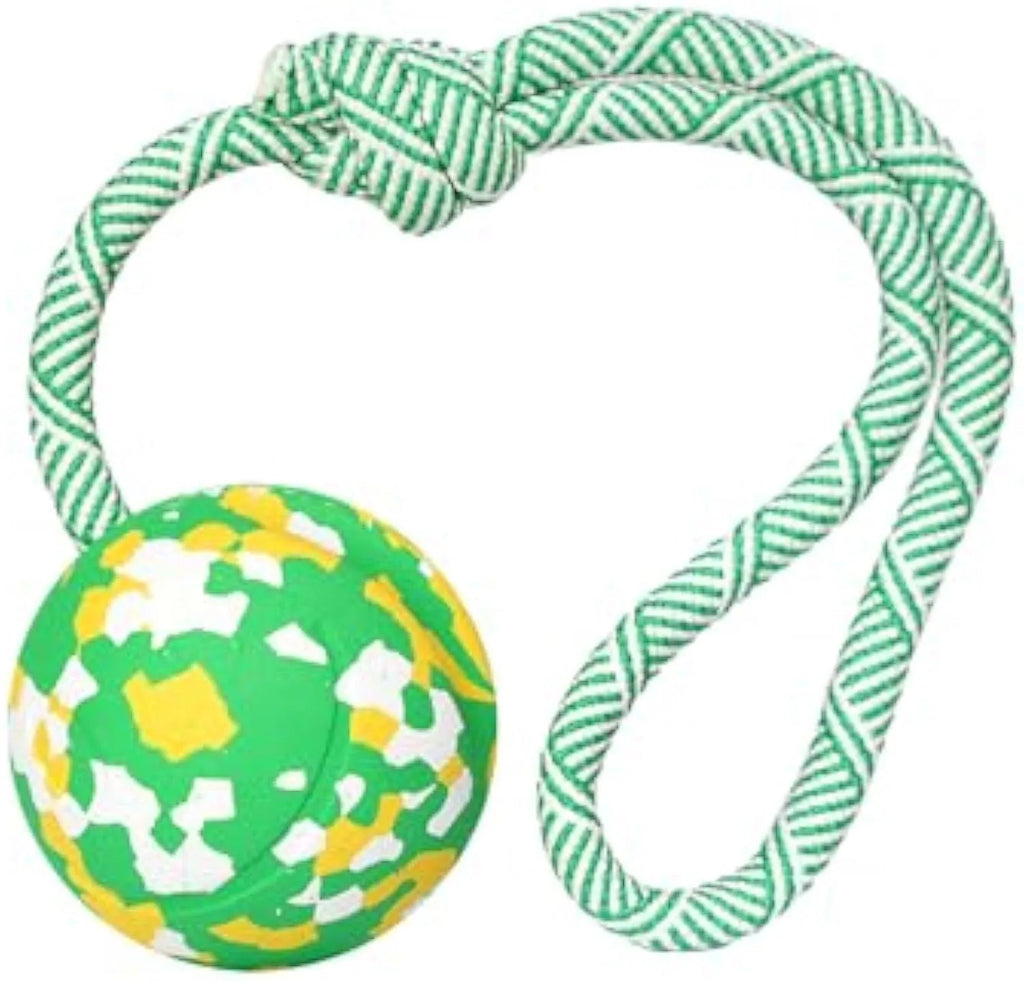 Natural rubber dog ball attached to bamboo fibre rope toy for medium small dogs interactive play