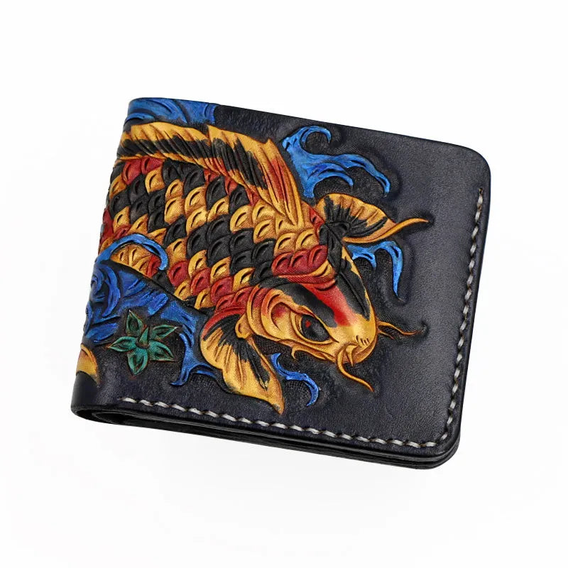 Men's carved cow leather short wallet in red, shown open to display interior.