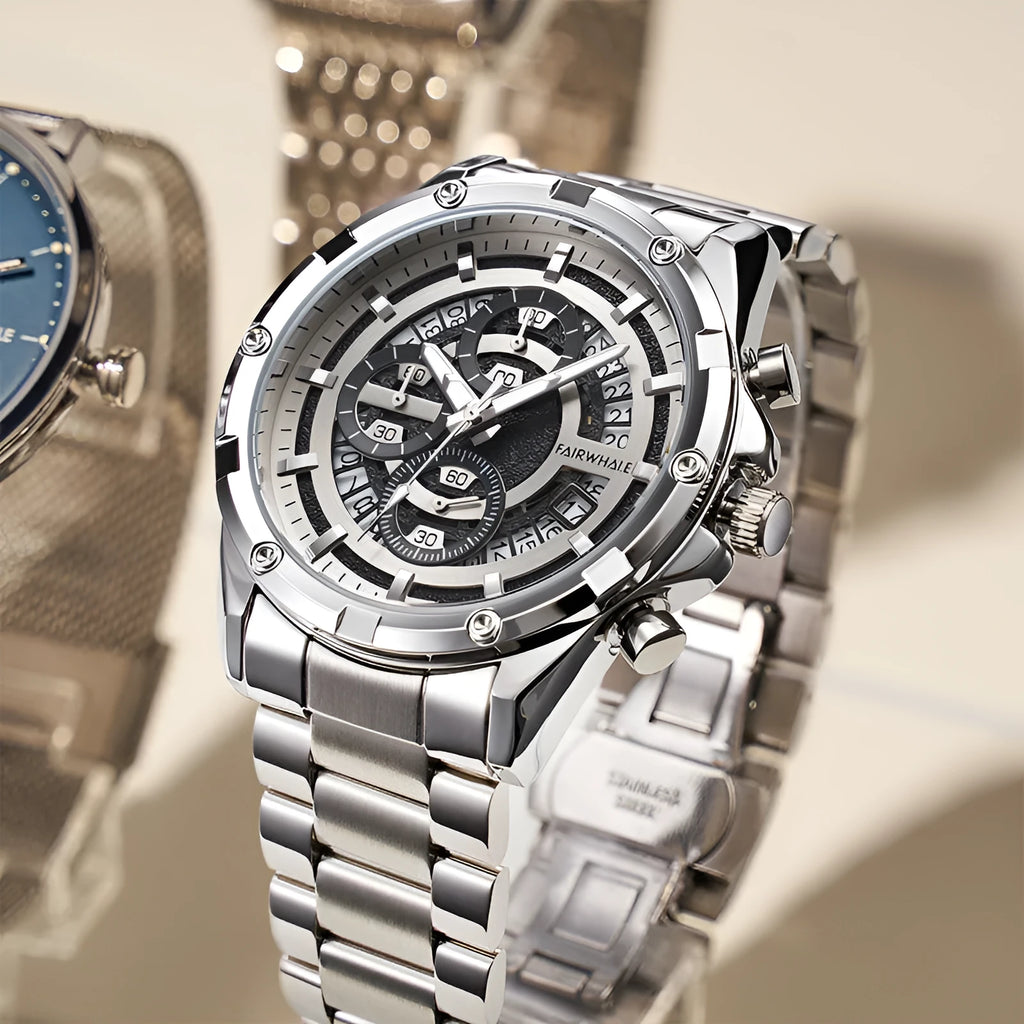 Men's waterproof luminous quartz watch with steel strap showing three colour options