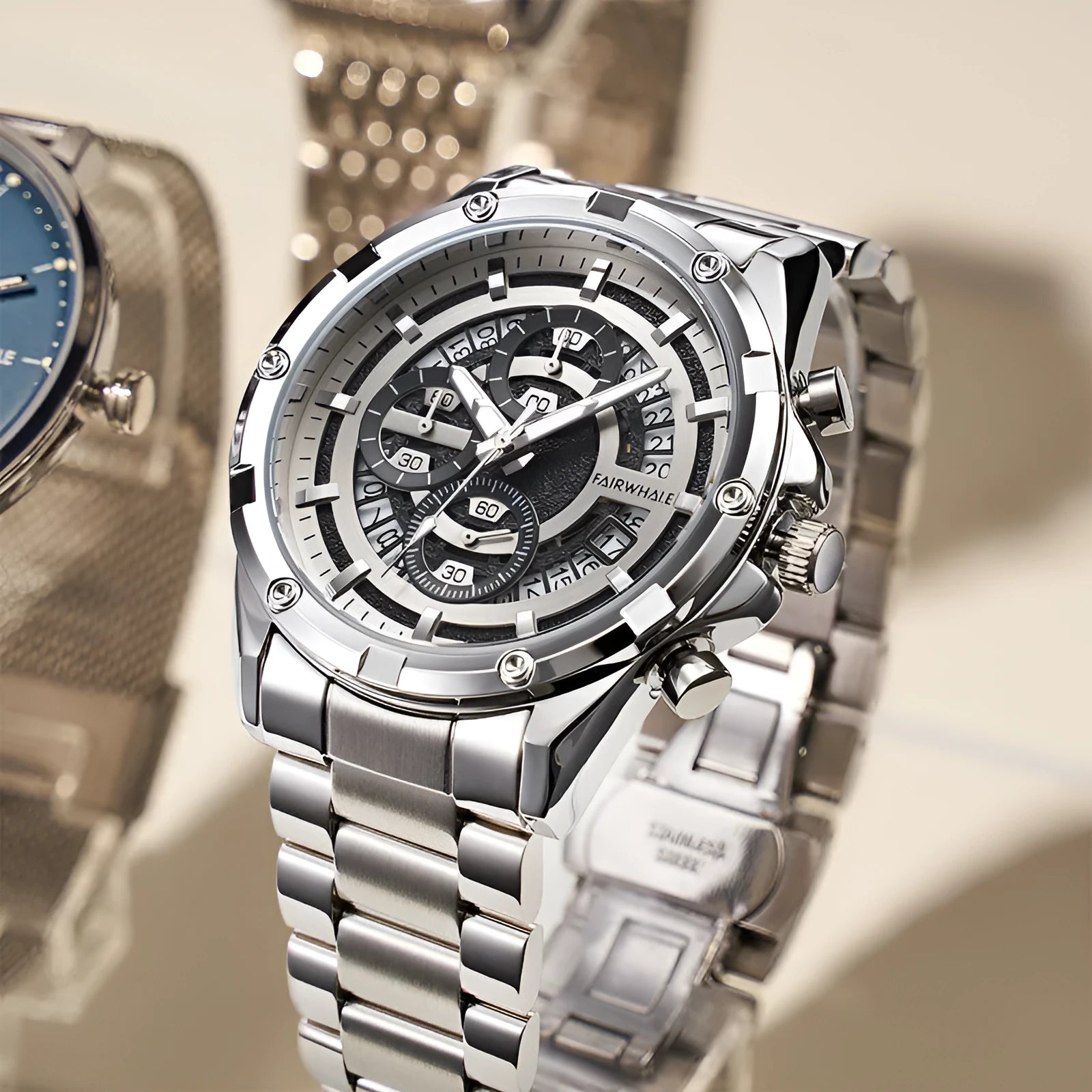 Men's waterproof luminous quartz watch with steel strap showing three colour options