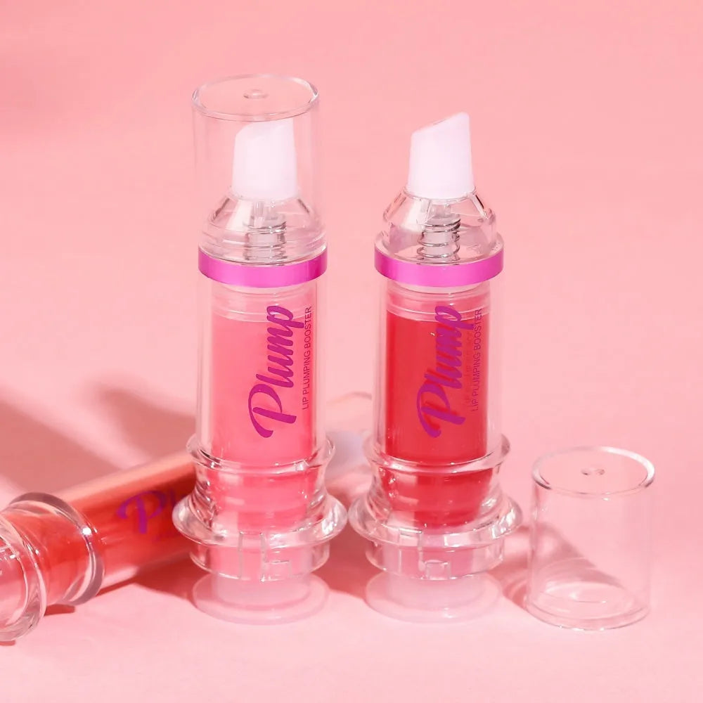 Lip gloss tube with mirror finish showing shiny application on lips