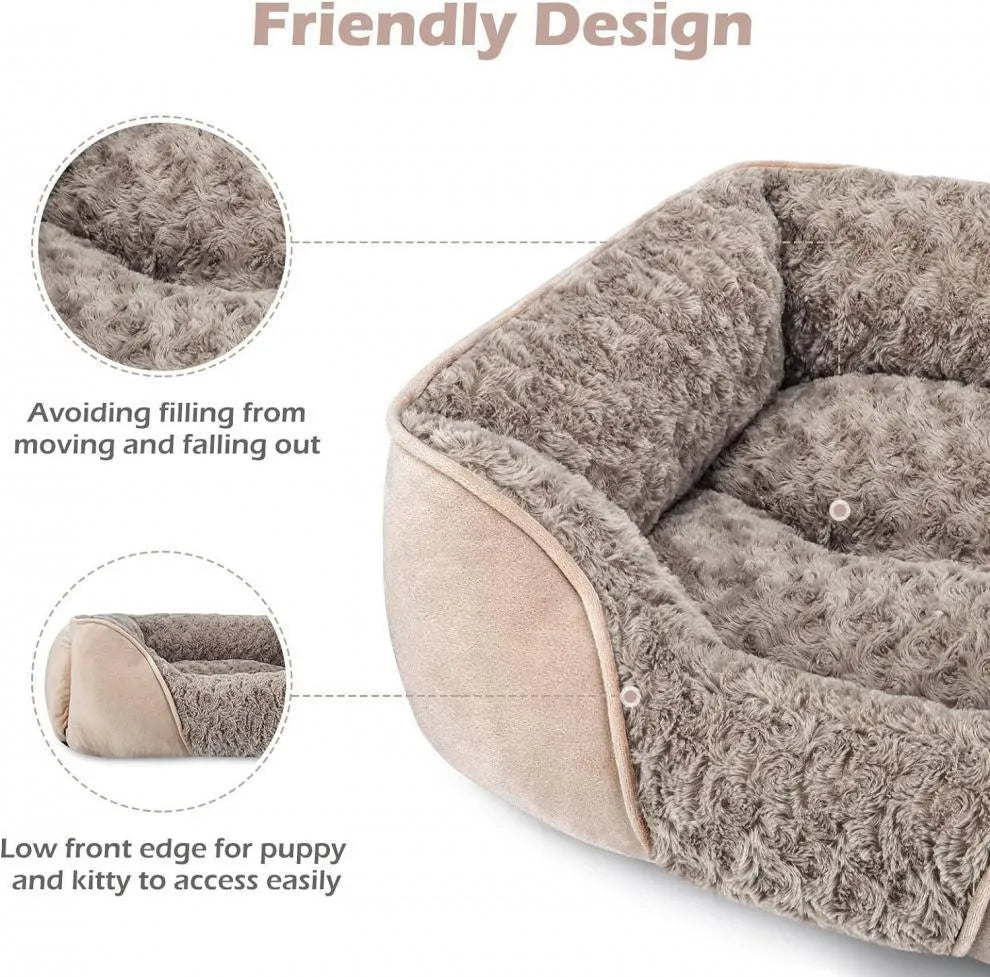 Beige bolster dog bed for large dogs with soft interior and raised sides on a wooden floor.