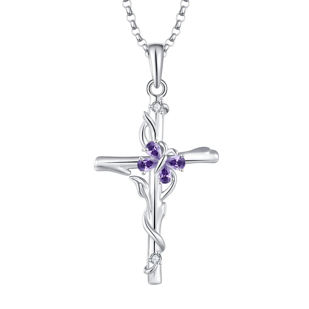 Sterling silver cross pendant necklace with zircon stones – S925 silver women's jewellery in aquamarine colour
