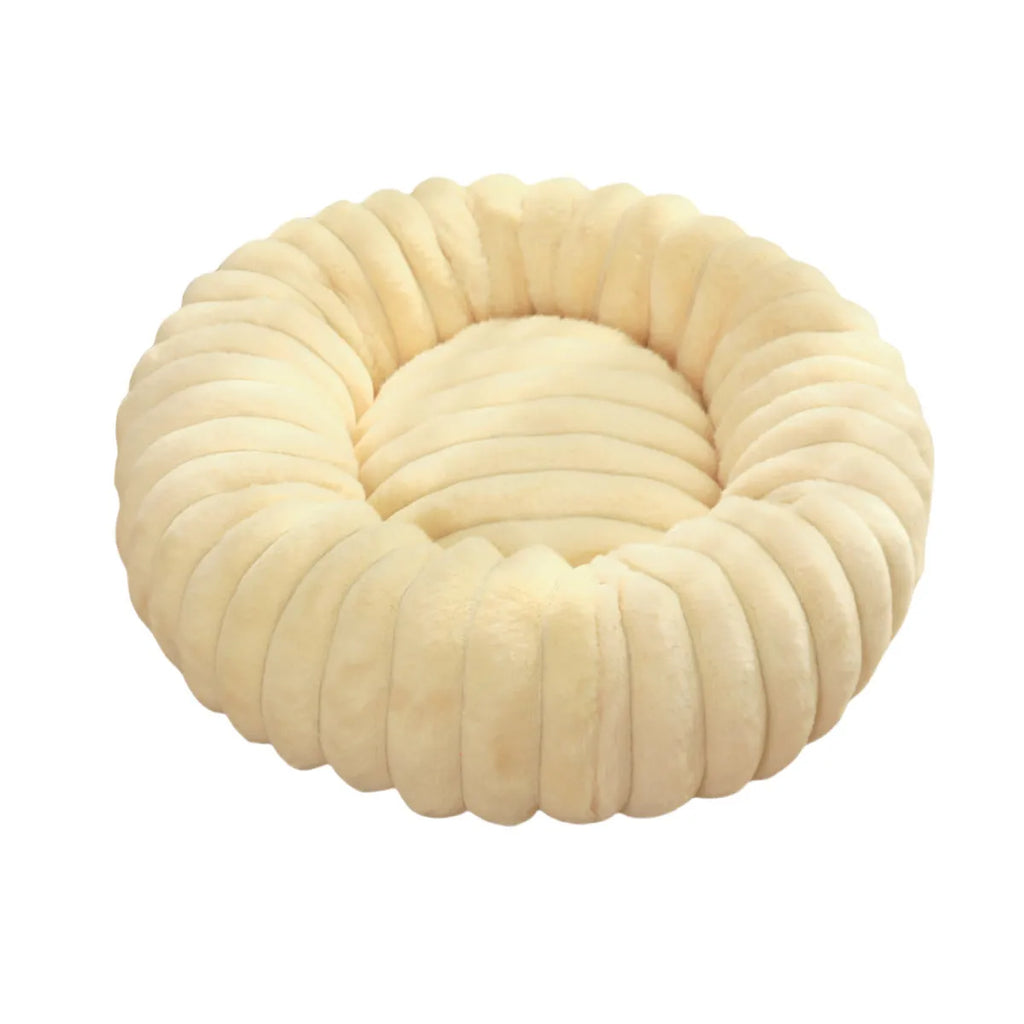 Circular plush pet bed mat in beige colour showing soft long hair rabbit plush material texture