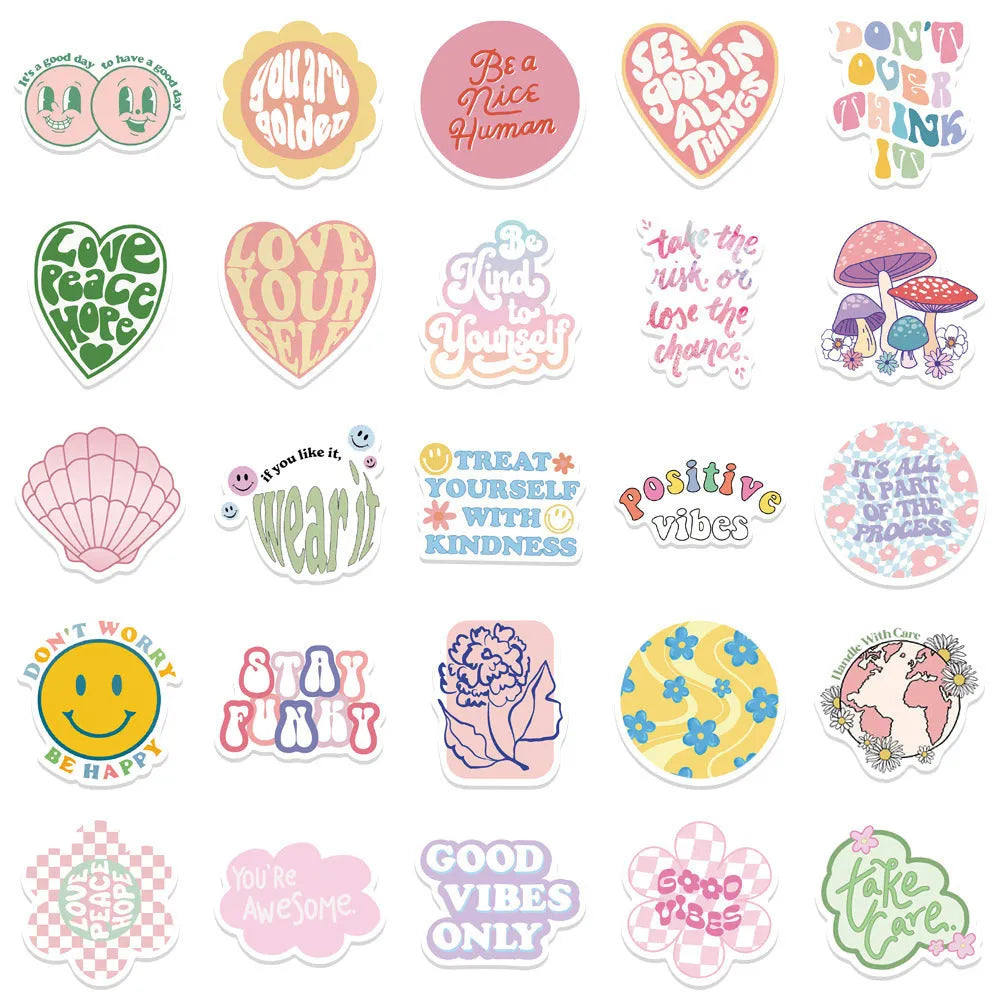 Pack of 50 pink graffiti-style motivational statement stickers for laptop and luggage decoration