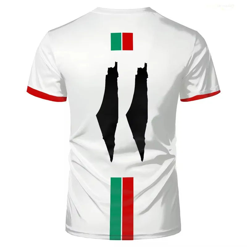 Black 3D printed football graphic on a men's white spandex t-shirt with short sleeves
