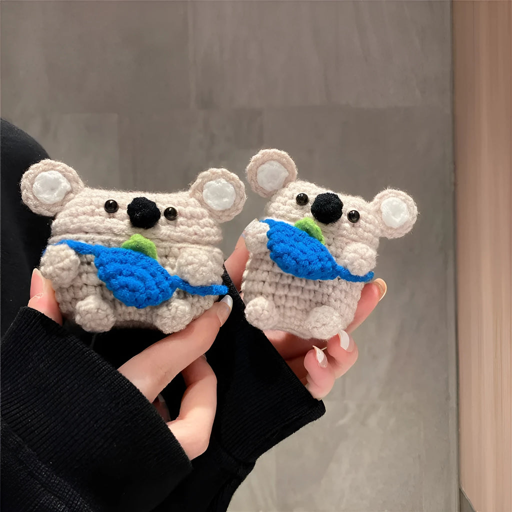 Handmade knitted koala bear backpack design cover for Apple AirPods case.