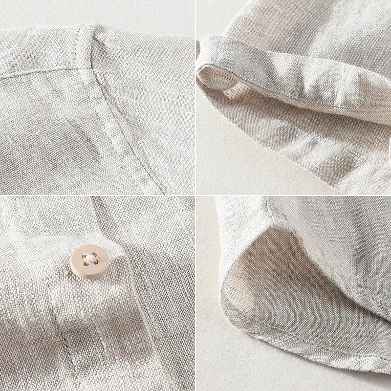 Men's square collar linen shirt in raw jute colour with short sleeves and cardigan style