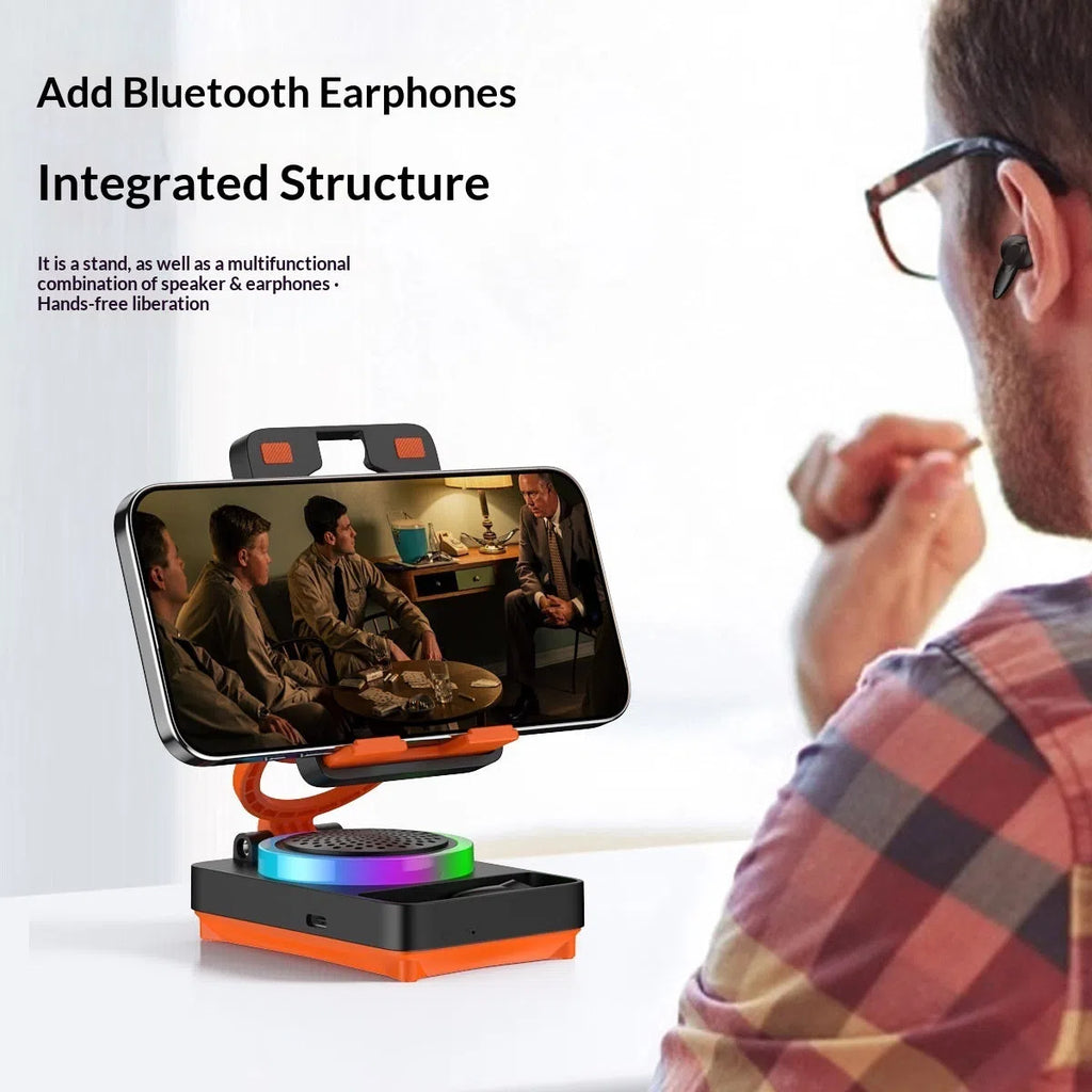 TF27BOX multifunctional mobile phone holder in black with built-in speaker and phone placed in cradle