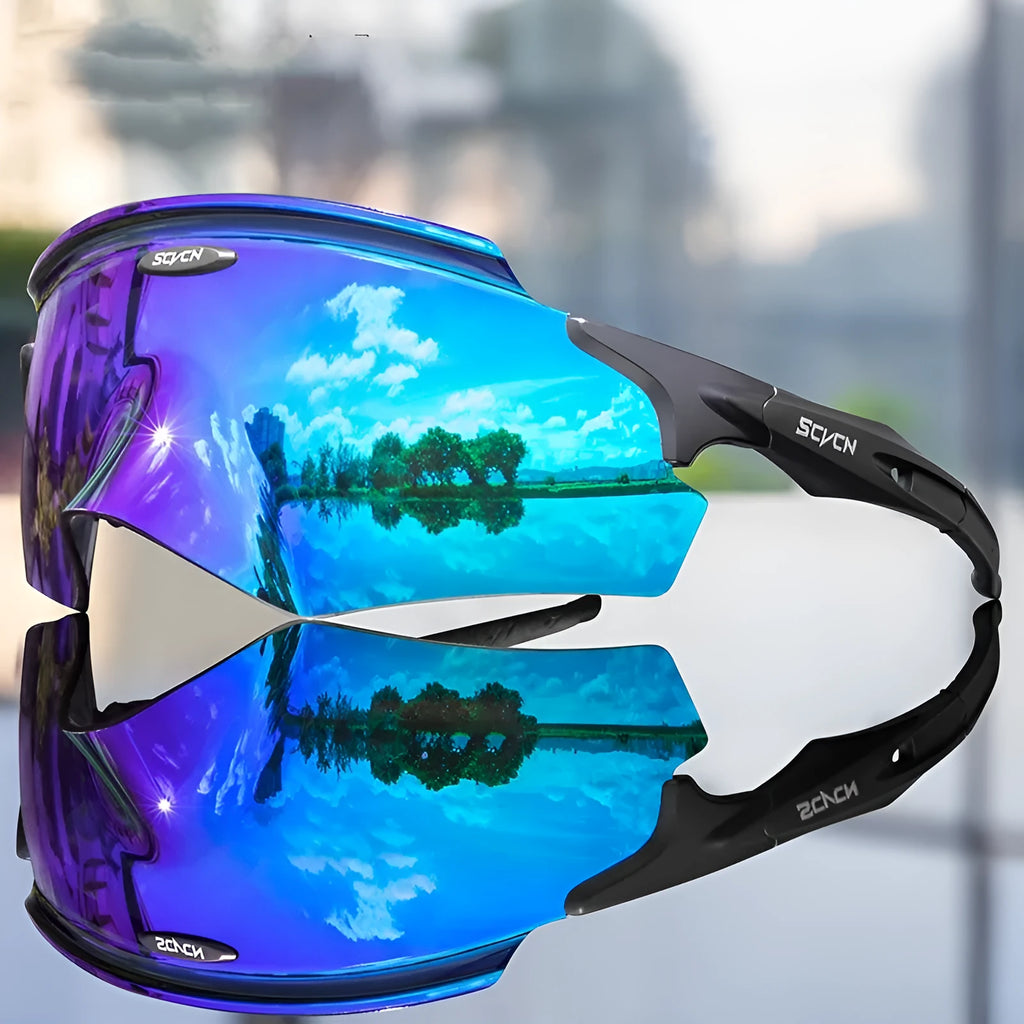 Frameless athletic sports goggles with a colourful integrated lens in various colour options.