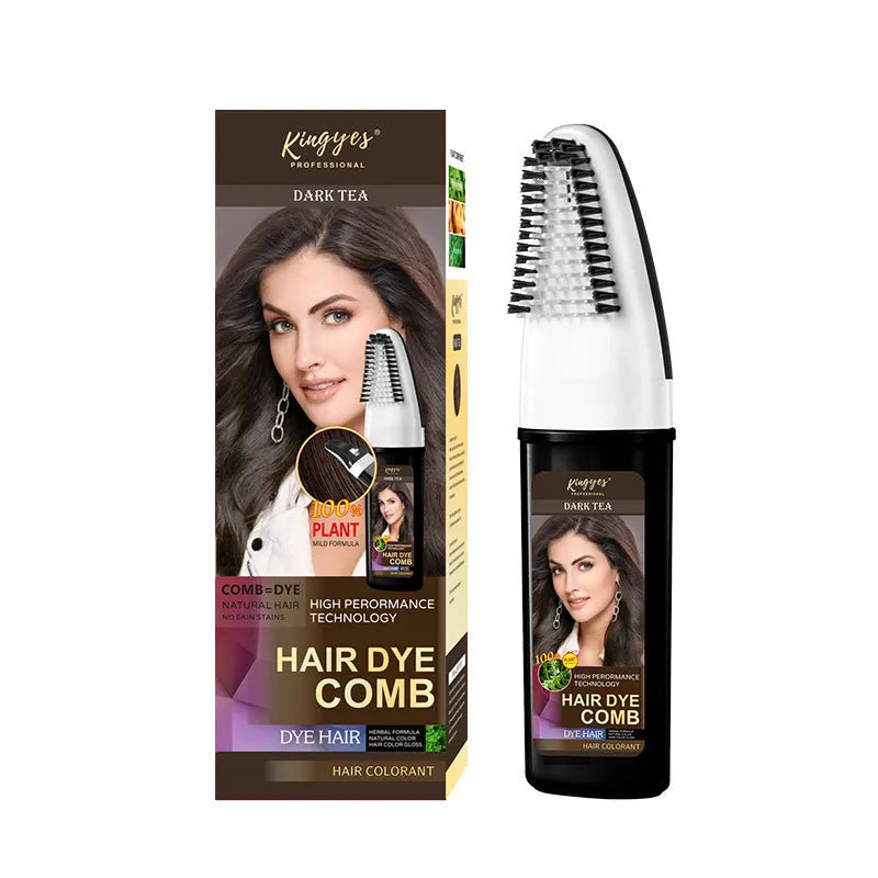 Permanent hair dye kit showing 200ML bottle and easy application comb in choice of Brown, Wine Red, or Dark Brown shade.