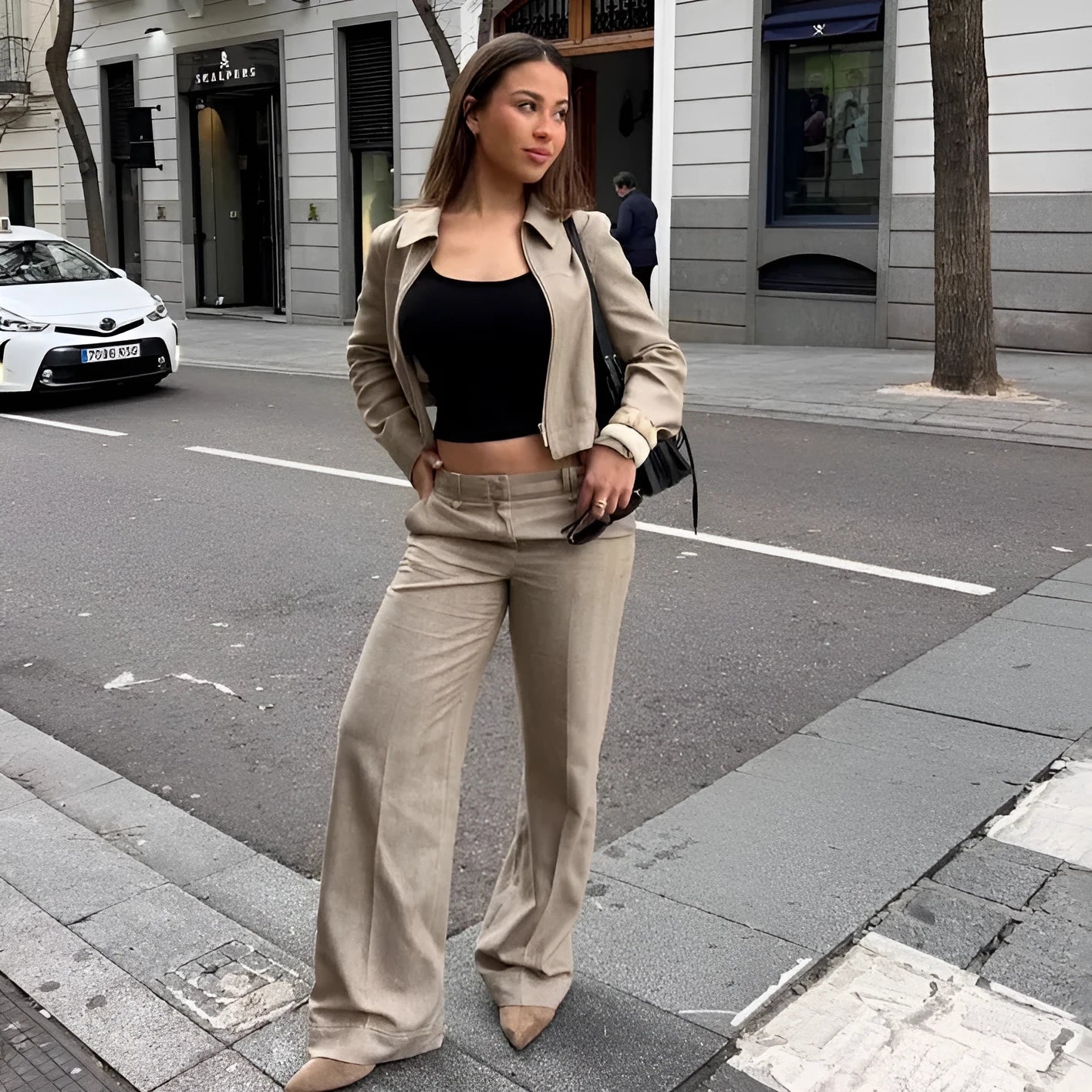 Women's polyester suit set with 3D herringbone pattern embroidery on jacket and trousers