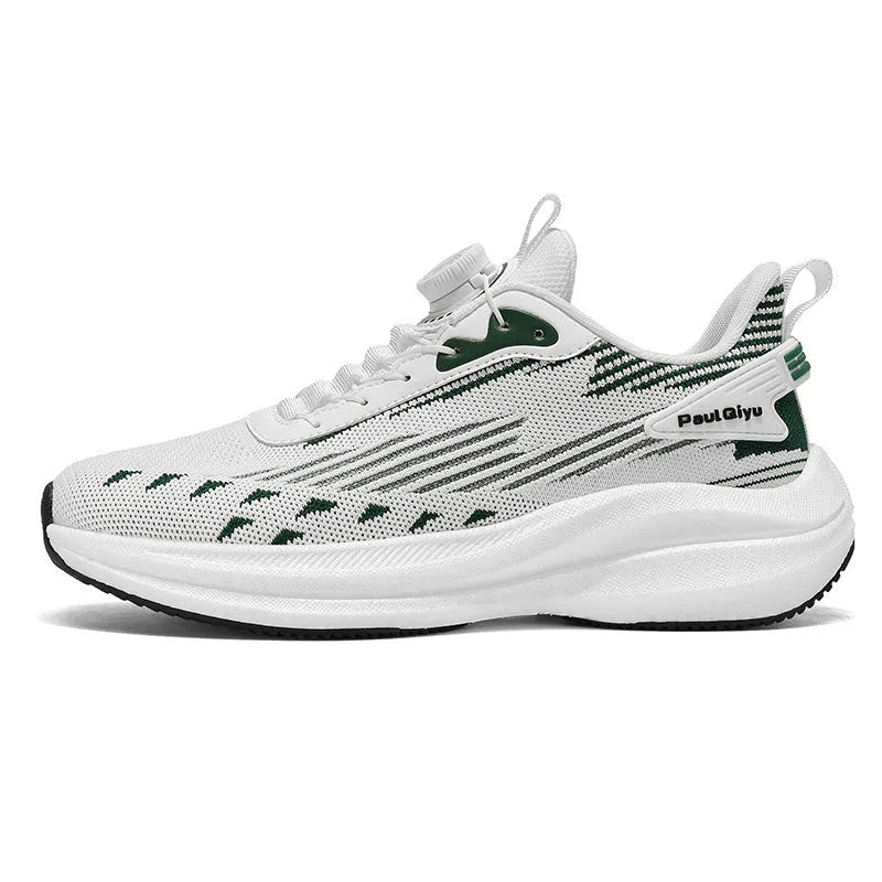 Men's casual sports running shoes with rotating buckle and white green Fly-kit mesh upper on a flat TPU sole.
