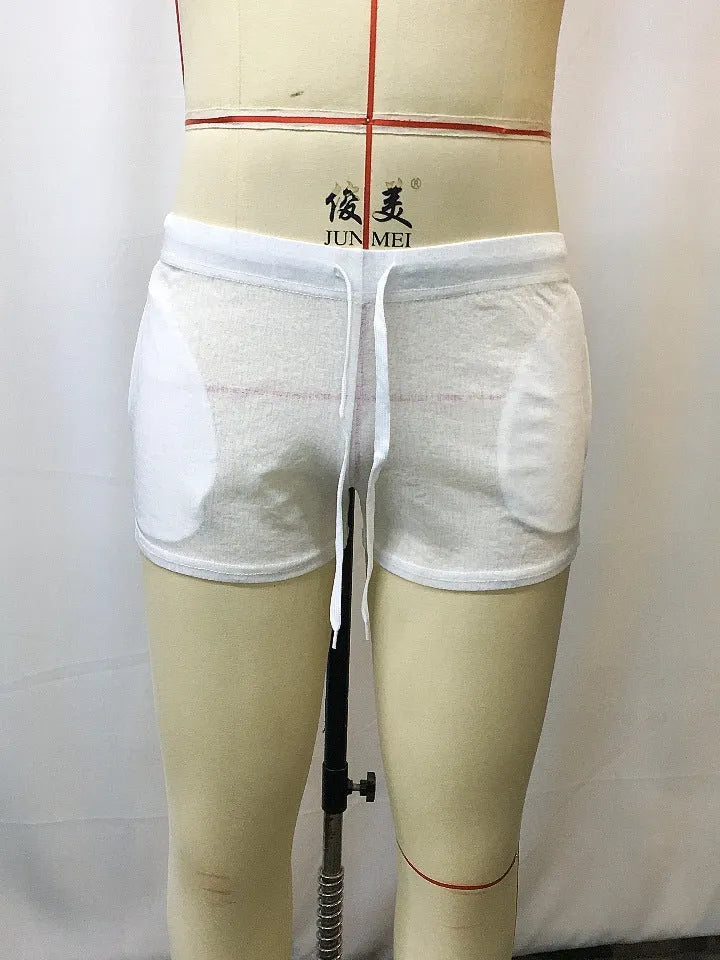 Plus size men's white sexy lacing fitness shorts with high elasticity polyester fabric