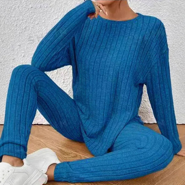 Black and blue sunken stripe casual two-piece polyester homewear set with top and pants.