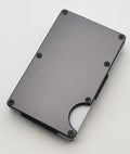 Aluminium alloy grey carbon fibre wallet with RFID blocking, showing card slots.