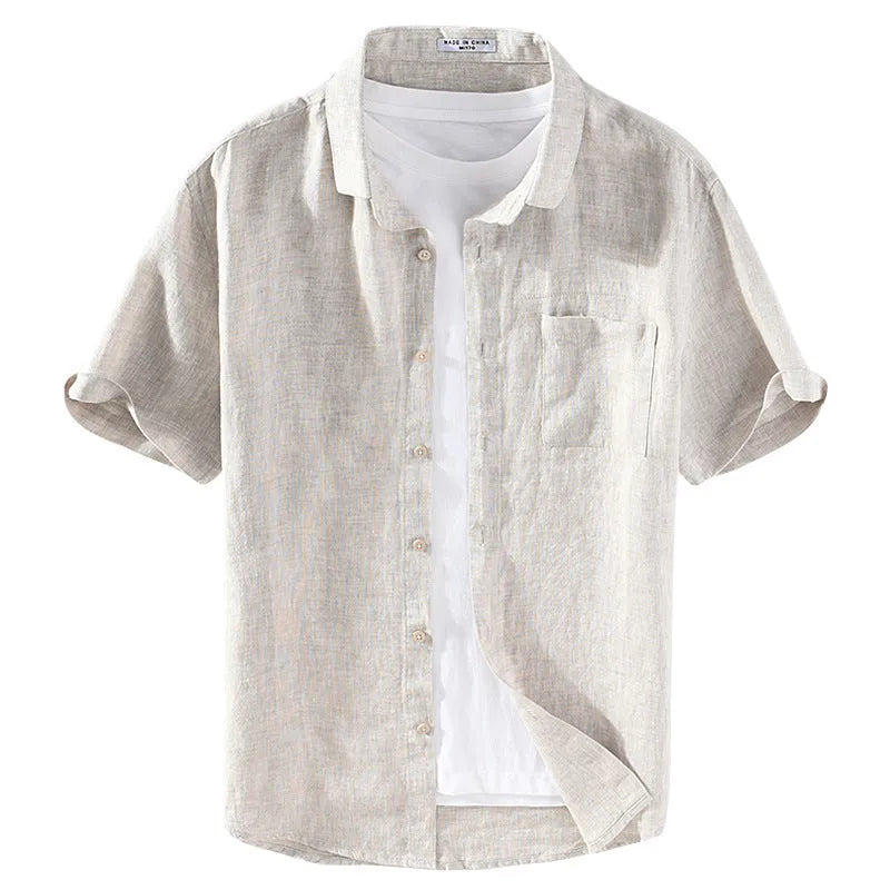 Men's square collar linen shirt in raw jute colour with short sleeves and cardigan style
