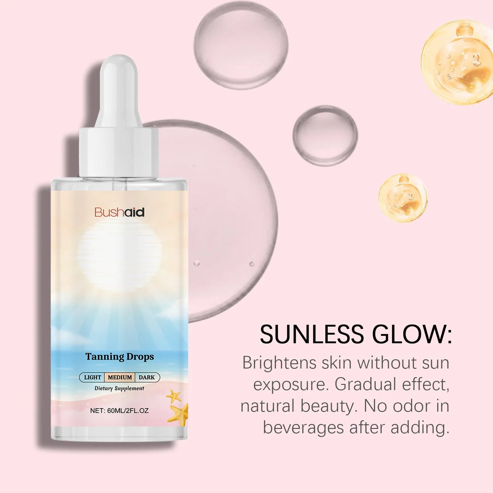 60ml bottle of no sunlight tanning drops for body care in 31x31x126mm container