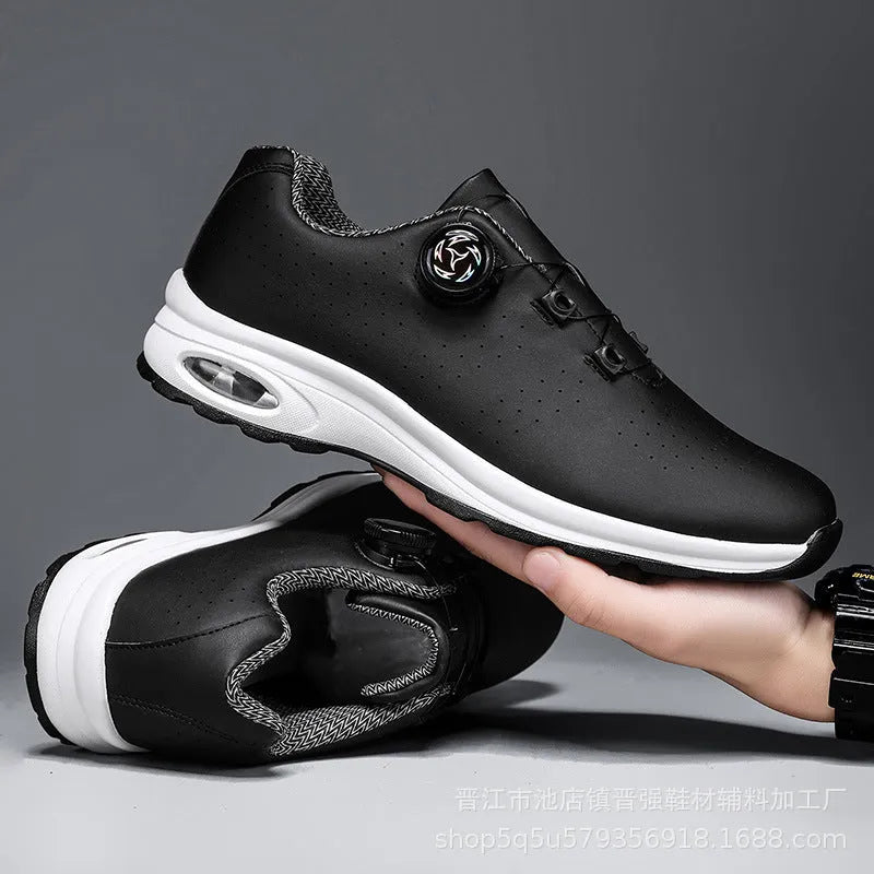 Men's low top black mesh casual shoes with white composite sole and cross shoulder straps.