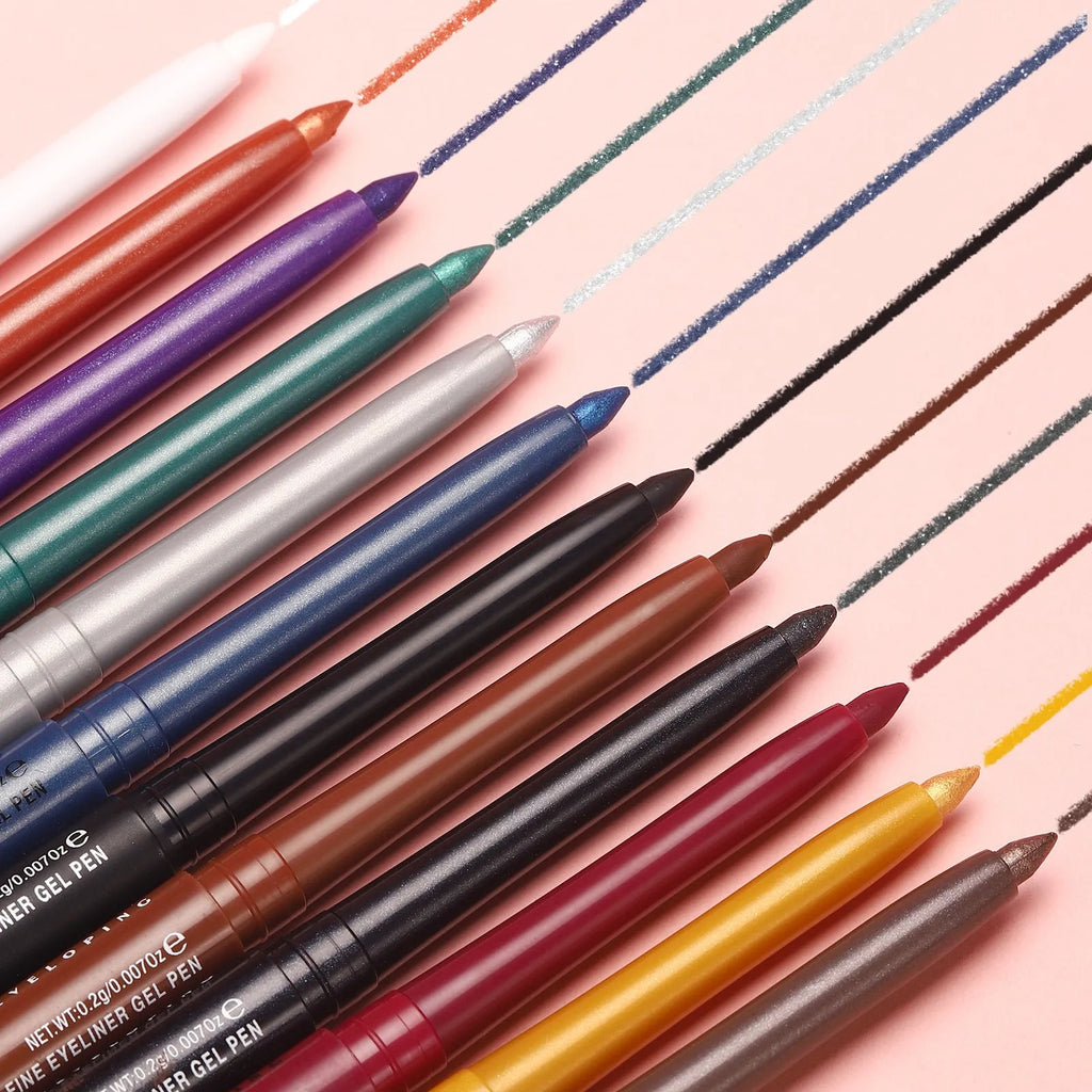 Set of 12 colourful gel glitter eyeliner pencils in various shades and finishes for waterproof party and cosplay makeup