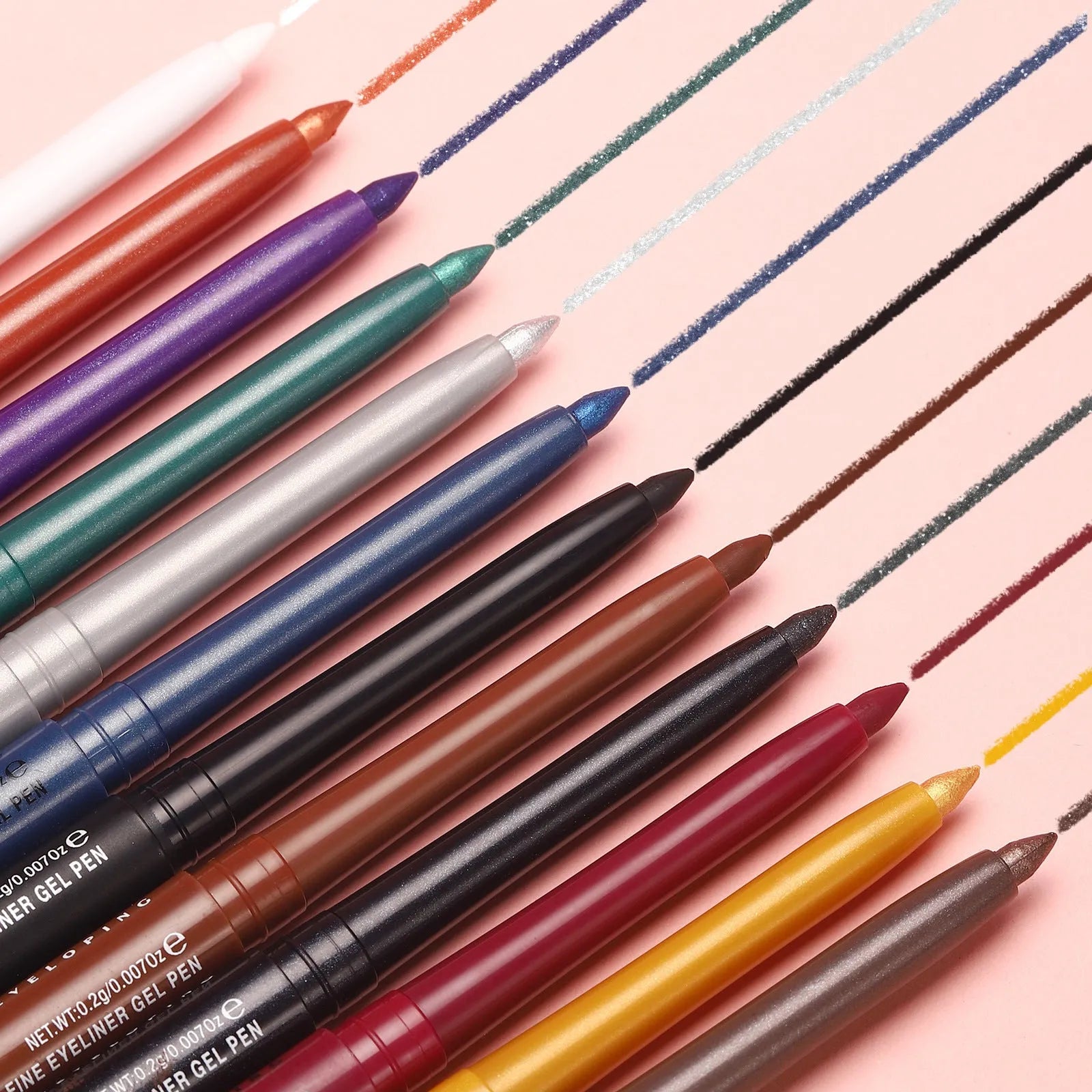 Set of 12 colourful gel glitter eyeliner pencils in various shades and finishes for waterproof party and cosplay makeup