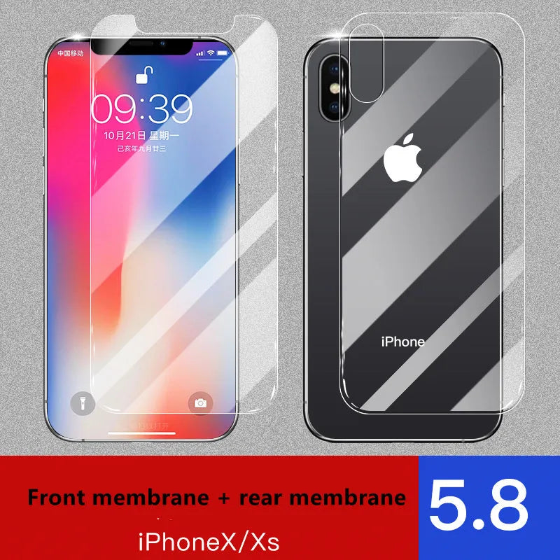 iPhone 11 Pro Max tempered glass screen protector with rear film showing 10D explosion-proof edges.