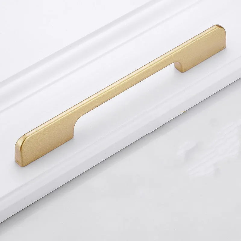 Modern gold T-shaped single hole cabinet handle made from aluminium alloy, showing its profile.