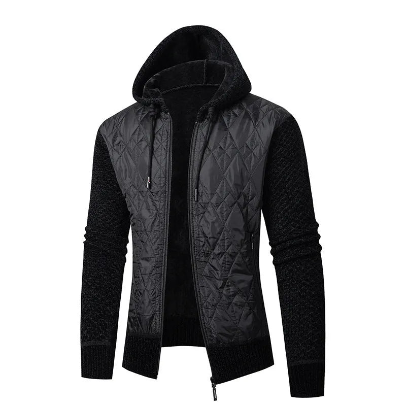 Men's grey hooded corduroy sweater coat with cinched waist and cardigan style