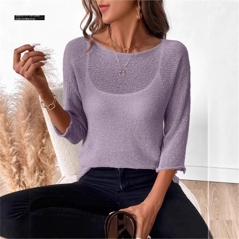 Women's off-shoulder knitted overall in thin fabric with 3D pattern and 3/4 sleeves