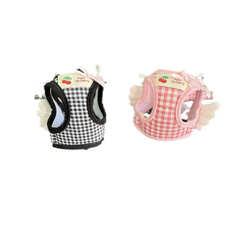 Pink and black cotton dog lead with chest and back design and a hand-holding rope for small dogs.