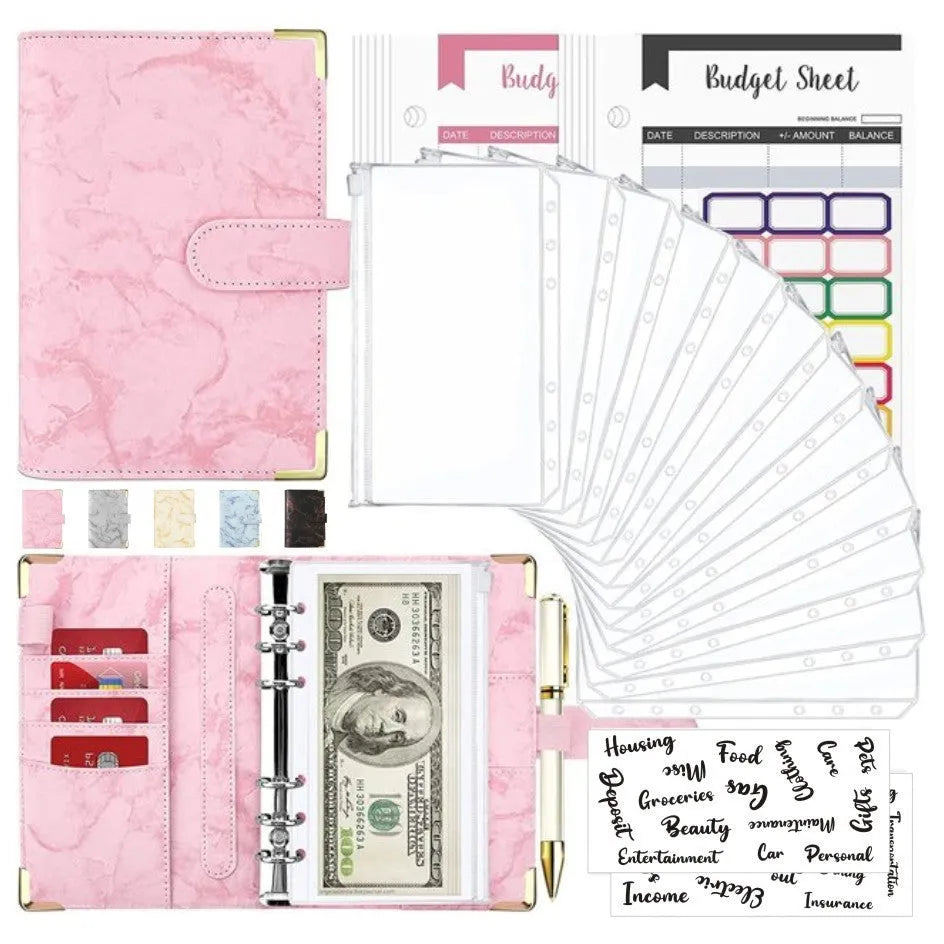 A6 loose-leaf binder journal with marbling leather PU cover, open to show budget sheets and zip pockets