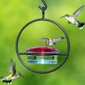 Metal round hanging hummingbird feeder in black with perch and nectar ports on outdoor hook