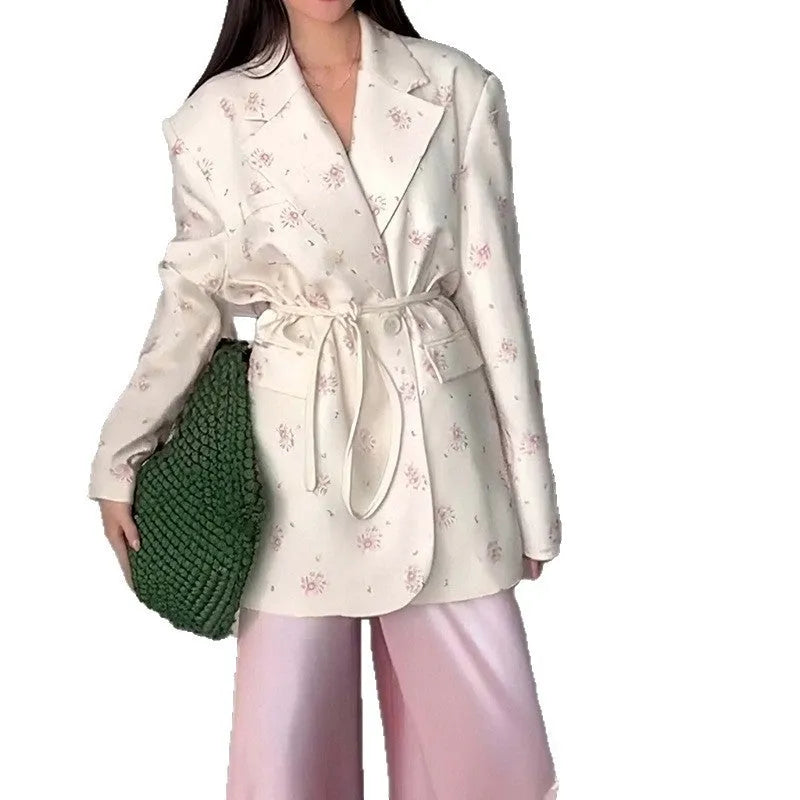 Women's collar lace-up waist-tight suit jacket in polyester floral print colours